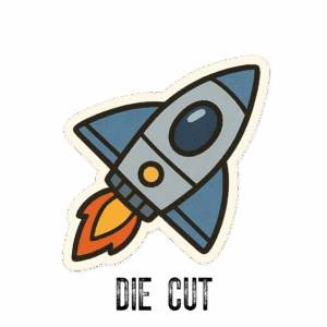 A cartoon rocket ship with flames and the text 'DIE CUT'.